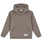 Beige Logo Hooded Zip Up Top, 1, hi-res