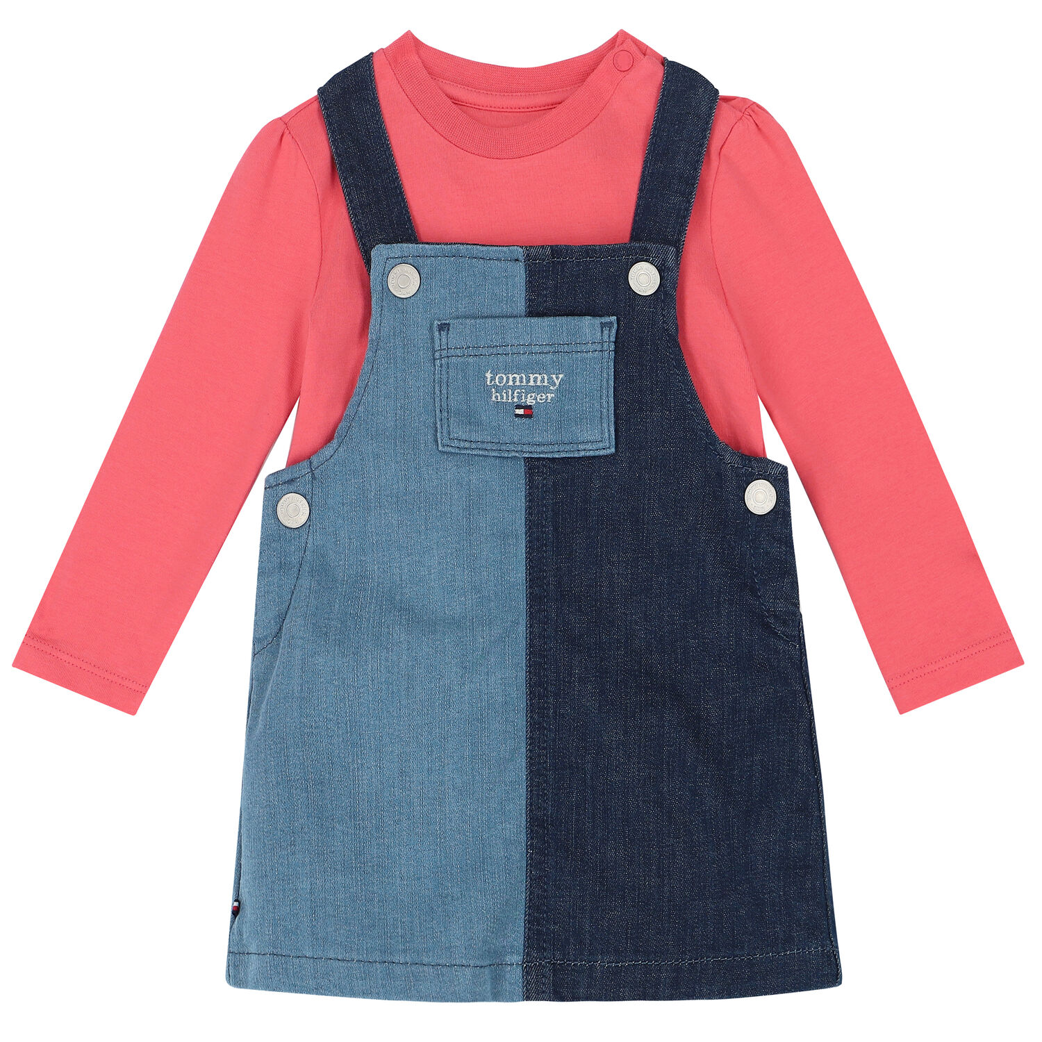 Baby Girls Pink & Denim Dungaree Dress Set, 1, hi-res