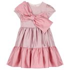 Girls Pink Satin Bow Dress, 1, hi-res