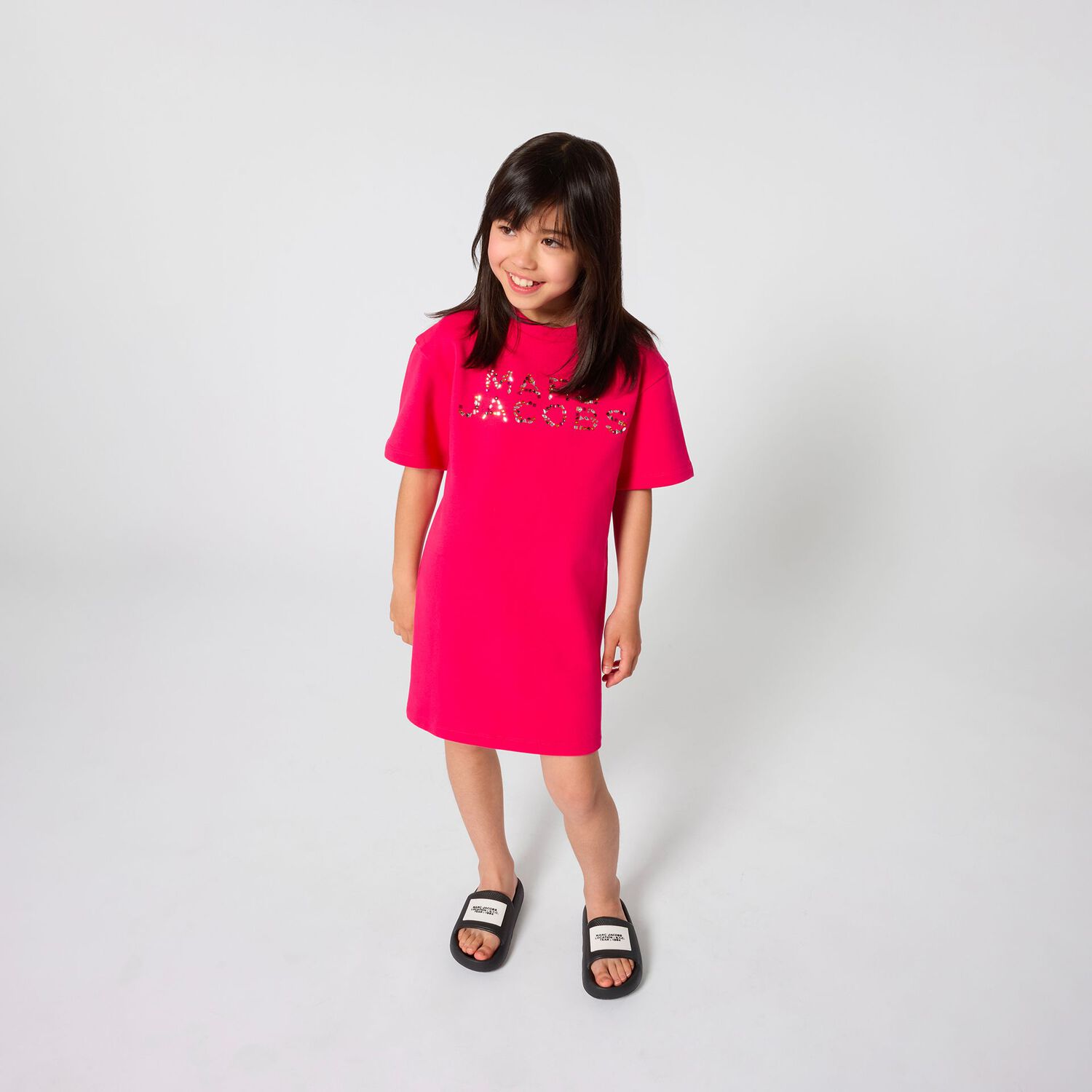 Girls Pink Embellished Logo Dress, 1, hi-res