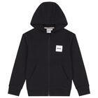 Boys Black Logo Hooded Zip Up Top, 1, hi-res