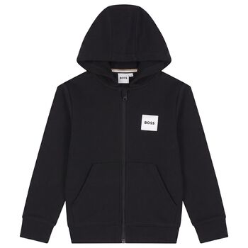 Boys Black Logo Hooded Zip Up Top