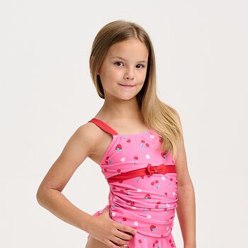 Girls Pink & Red Bow Swimsuit