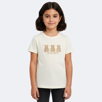 Girls Ivory & Beige Teddy Bear Logo T-Shirt