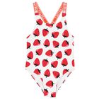 Girls White Strawberry Swimsuit, 1, hi-res