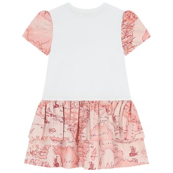 Girls White & Pink Geo Map Dress