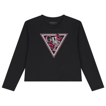 Girls Black Embellished Logo Long Sleeve Top