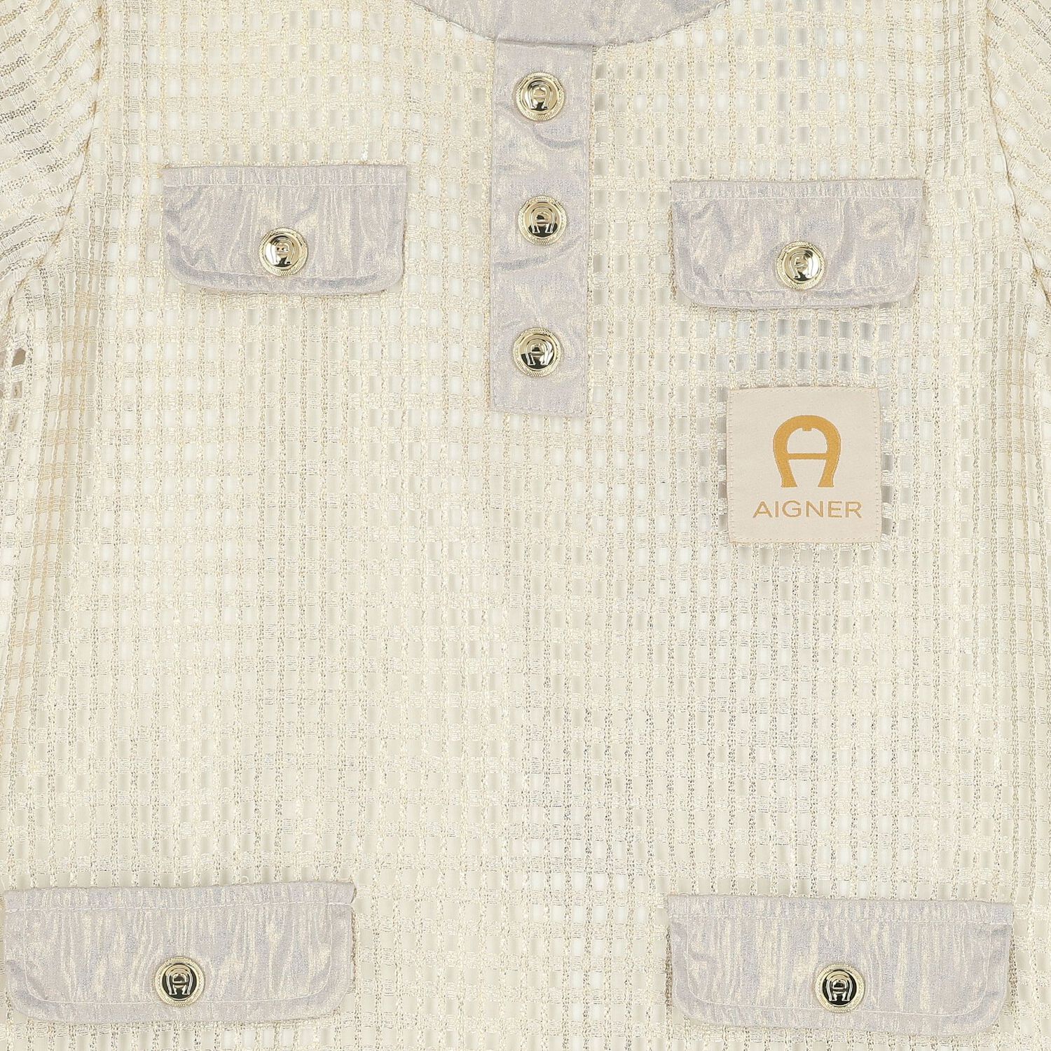 Girls Ivory & Gold Logo Dress, 1, hi-res