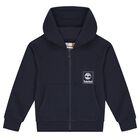 Boys Navy Blue Logo Hooded Zip Up Top, 1, hi-res