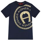 Boys Navy Blue & Gold Logo T-Shirt, 3, hi-res