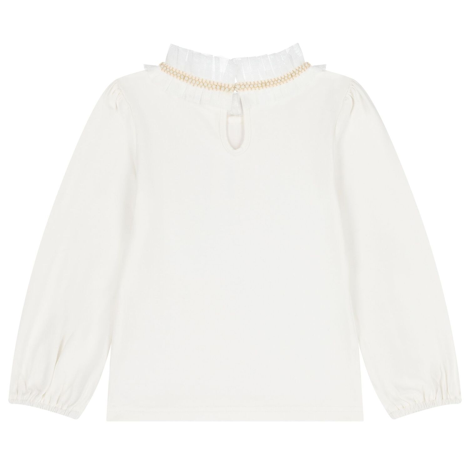 Girls White Pearl & Tulle Collar Top, 1, hi-res