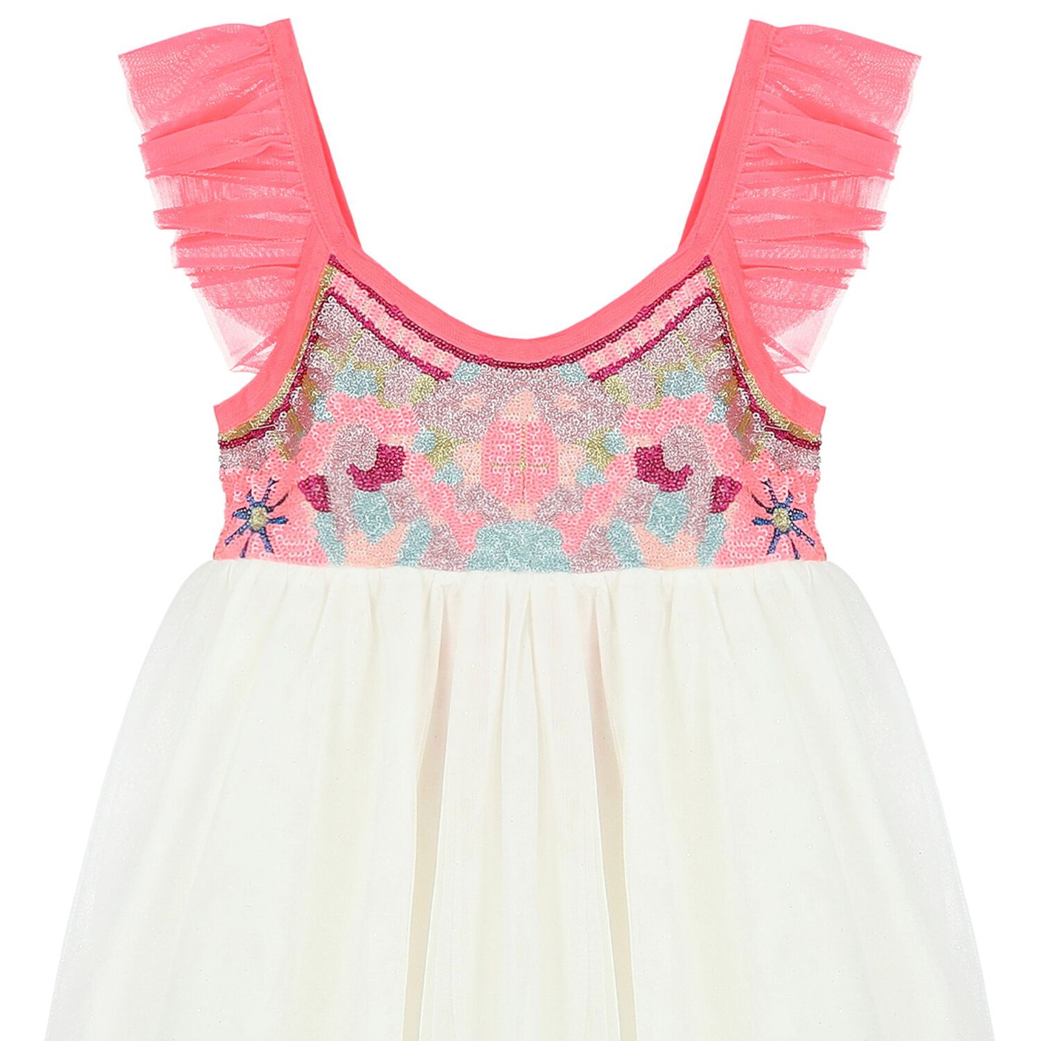 Girls White & Neon Pink Tulle Sequin Dress, 1, hi-res