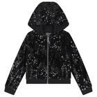 Girls Black Sequins Hooded Zip Up Top, 2, hi-res