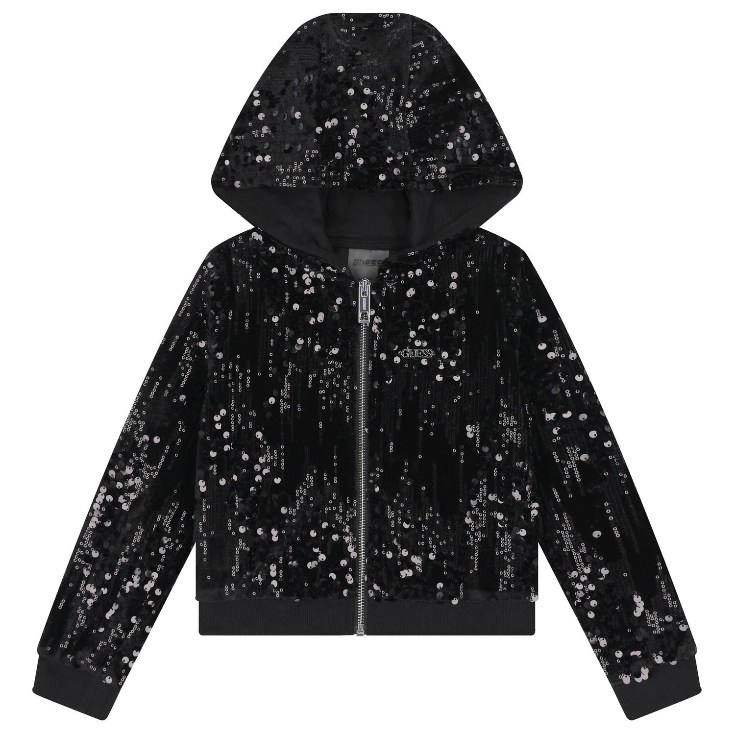 Girls Black Sequins Hooded Zip Up Top, 2, hi-res