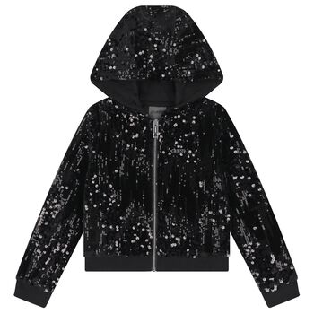 Girls Black Sequins Hooded Zip Up Top