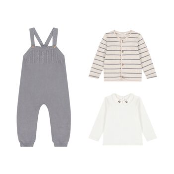 Baby Boys White, Beige & Grey Knitted Dungaree Set ( 3 Piece )