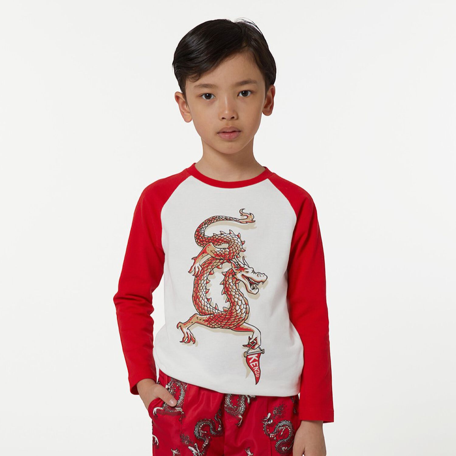 Boys Ivory & Red Dragon Long Sleeve Top, 1, hi-res