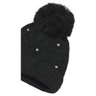 Girls Black Embellished Knitted Beanie Hat, 2, hi-res