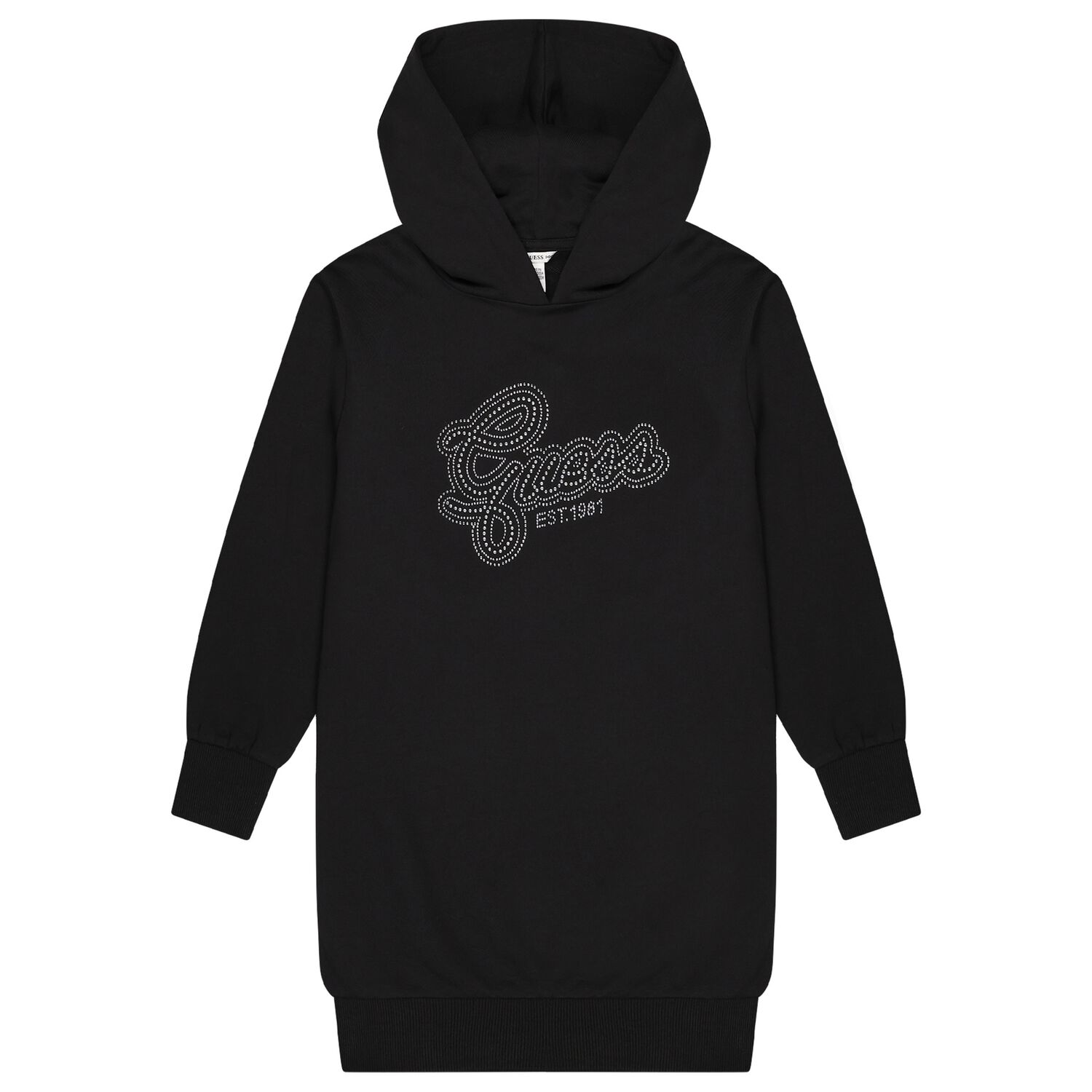 Girls Black Embellished Logo Hooded Dress, 2, hi-res