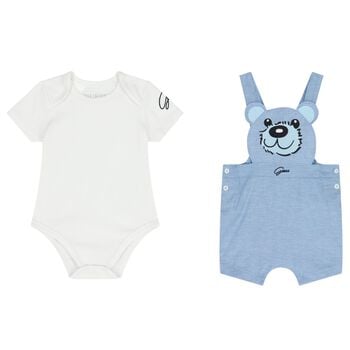 Baby Boys Blue & White Teddy Bear Dungaree Set