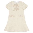 Girls Ivory & Gold Tweed Bow Dress, 1, hi-res