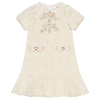 Girls Ivory & Gold Tweed Bow Dress