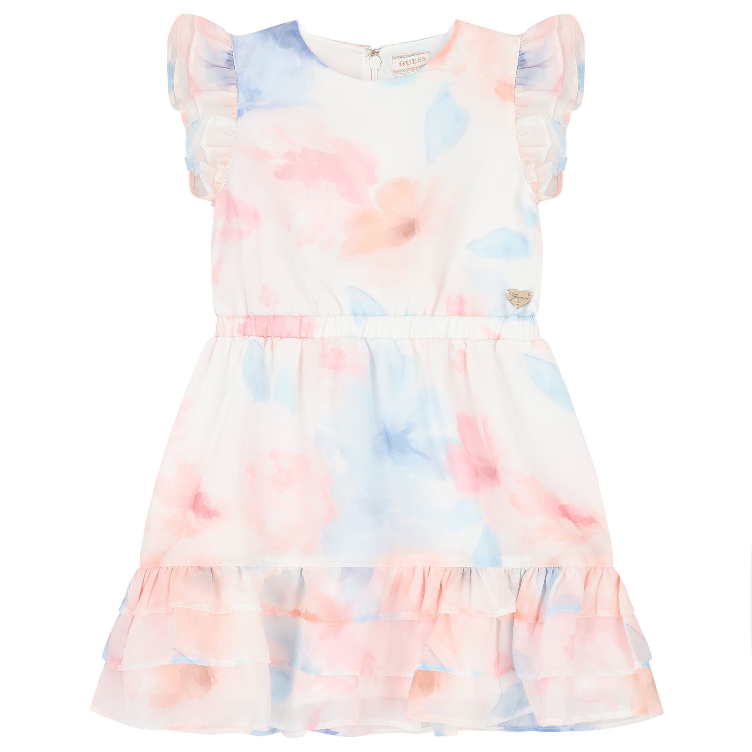 Girls White, Pink & Blue Chiffon Dress, 1, hi-res