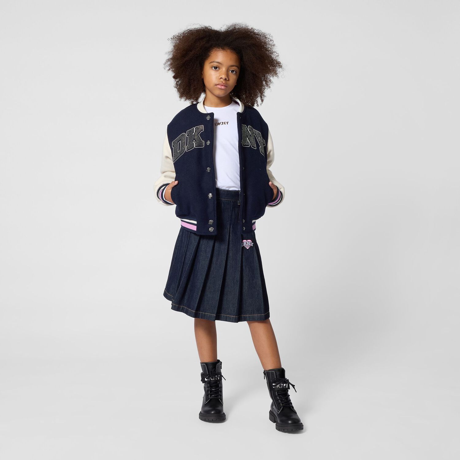 Girls Navy Blue Logo Denim Pleated Skirt, 1, hi-res