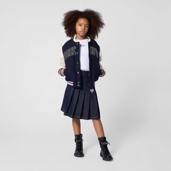 Girls Navy Blue Logo Denim Pleated Skirt