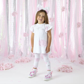 Girls White & Pink Floral Bag Print Leggings Set