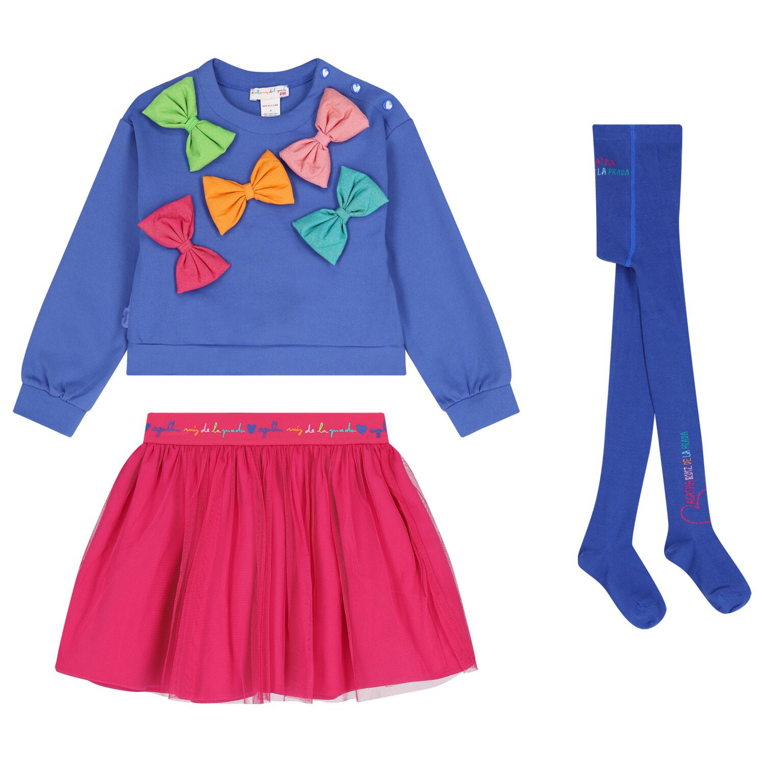 Girls Blue & Pink Bow Skirt Set, 1, hi-res
