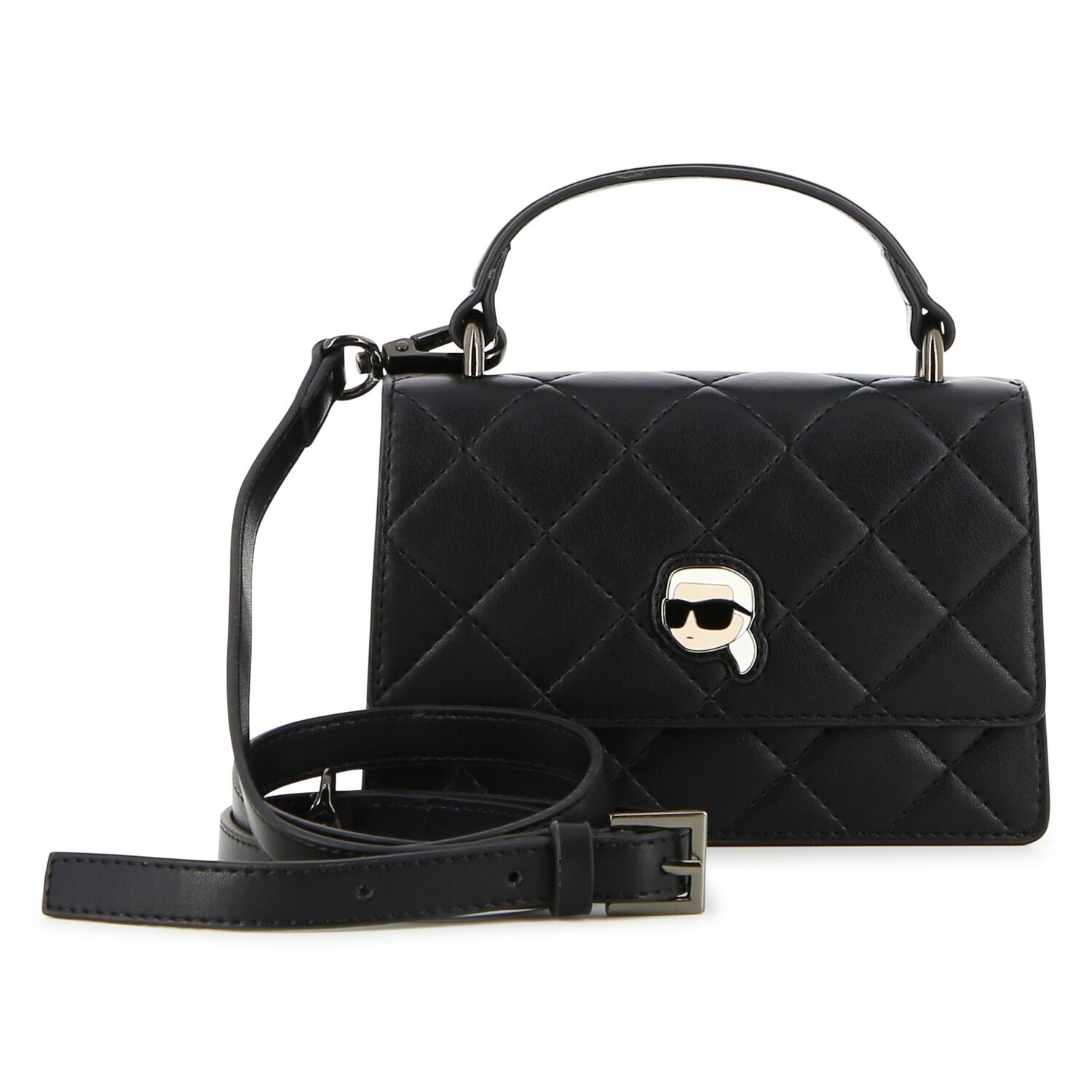 Girls Black Ikonik Karl Quilted Handbag ( 18cm ), 1, hi-res