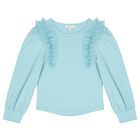 Girls Blue Ruffled Tulle Long Sleeve Top, 1, hi-res