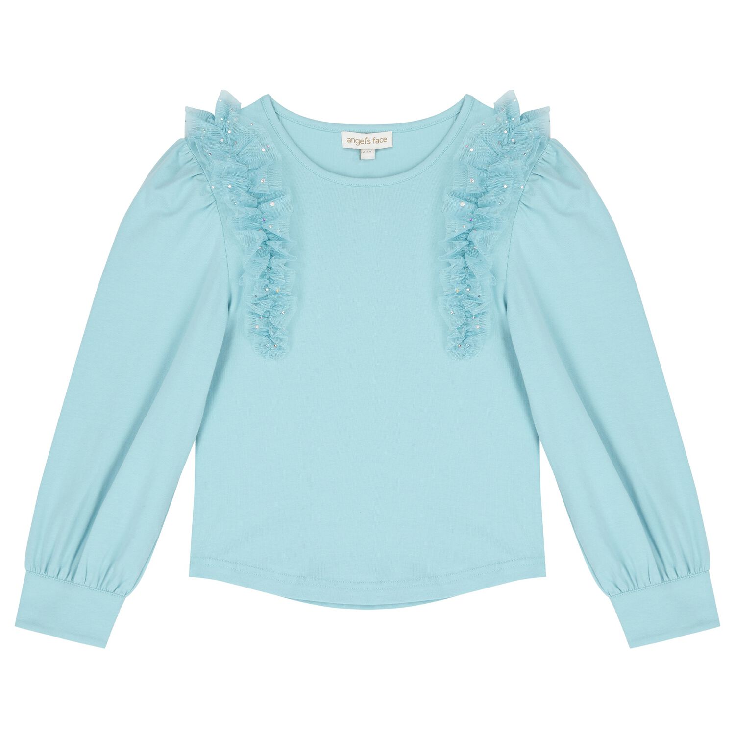 Girls Blue Ruffled Tulle Long Sleeve Top, 1, hi-res image number null