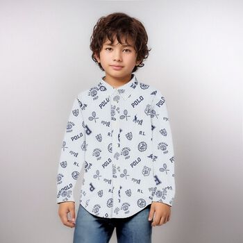 Boys Blue & White Striped Logo Shirt