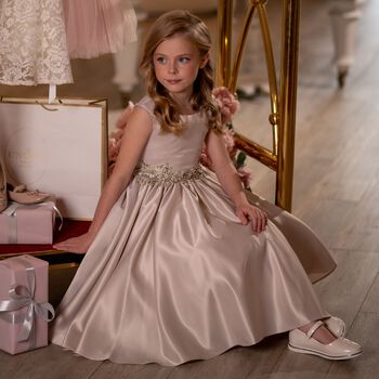 Girls Beige Crystal Waist & Satin Dress 