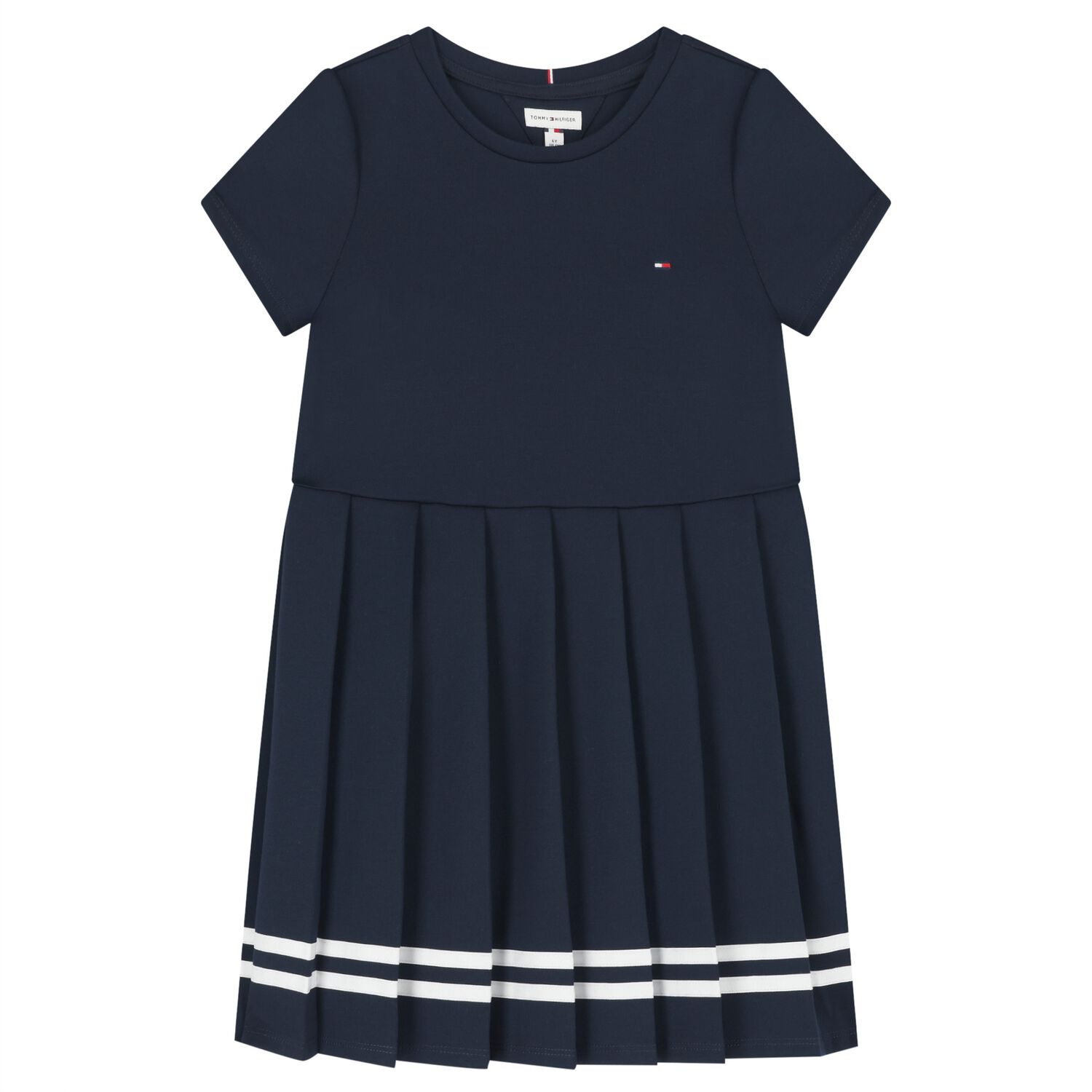 Girls Navy Blue Logo Pleated Dress, 1, hi-res