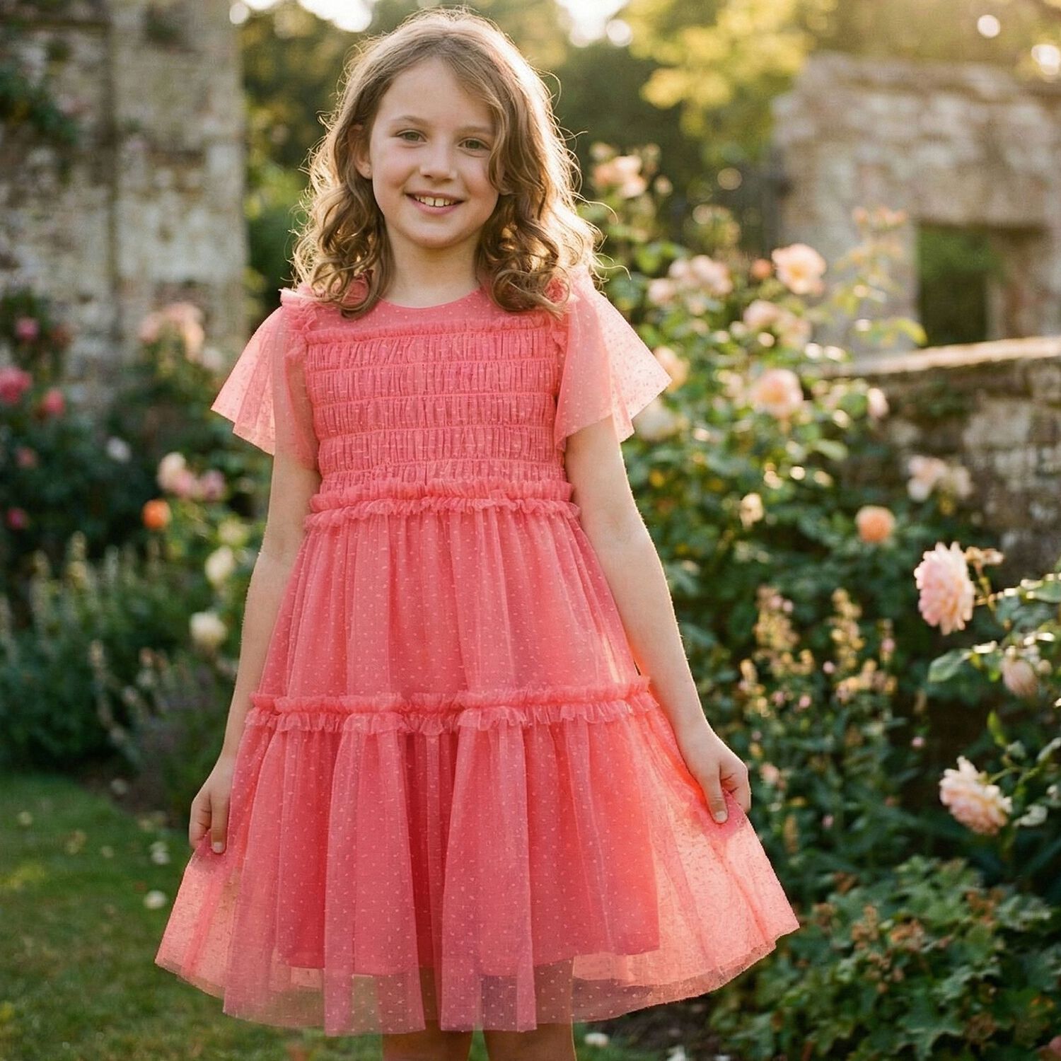 Girls Pink Tulle Dress, 3, hi-res