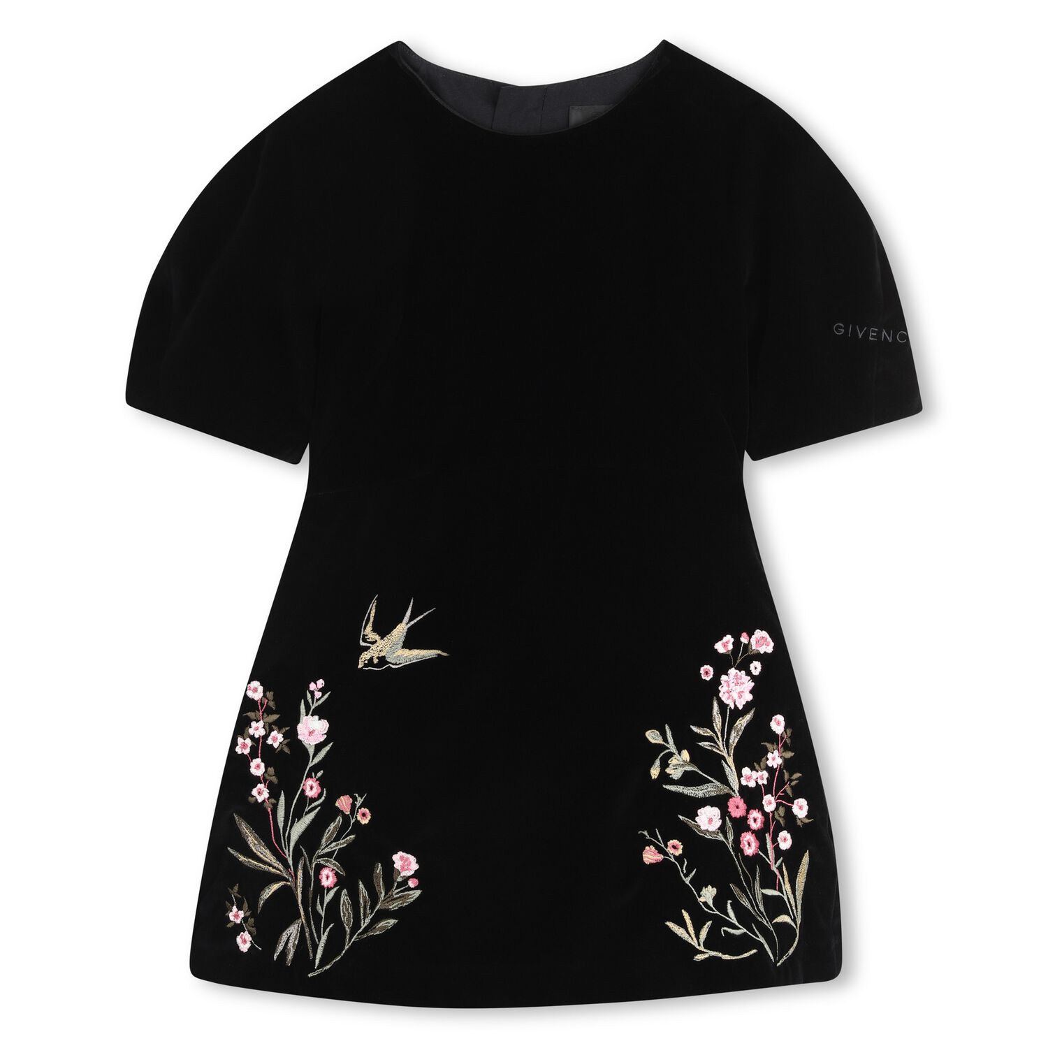 Girls Black Floral Velvet Dress, 1, hi-res