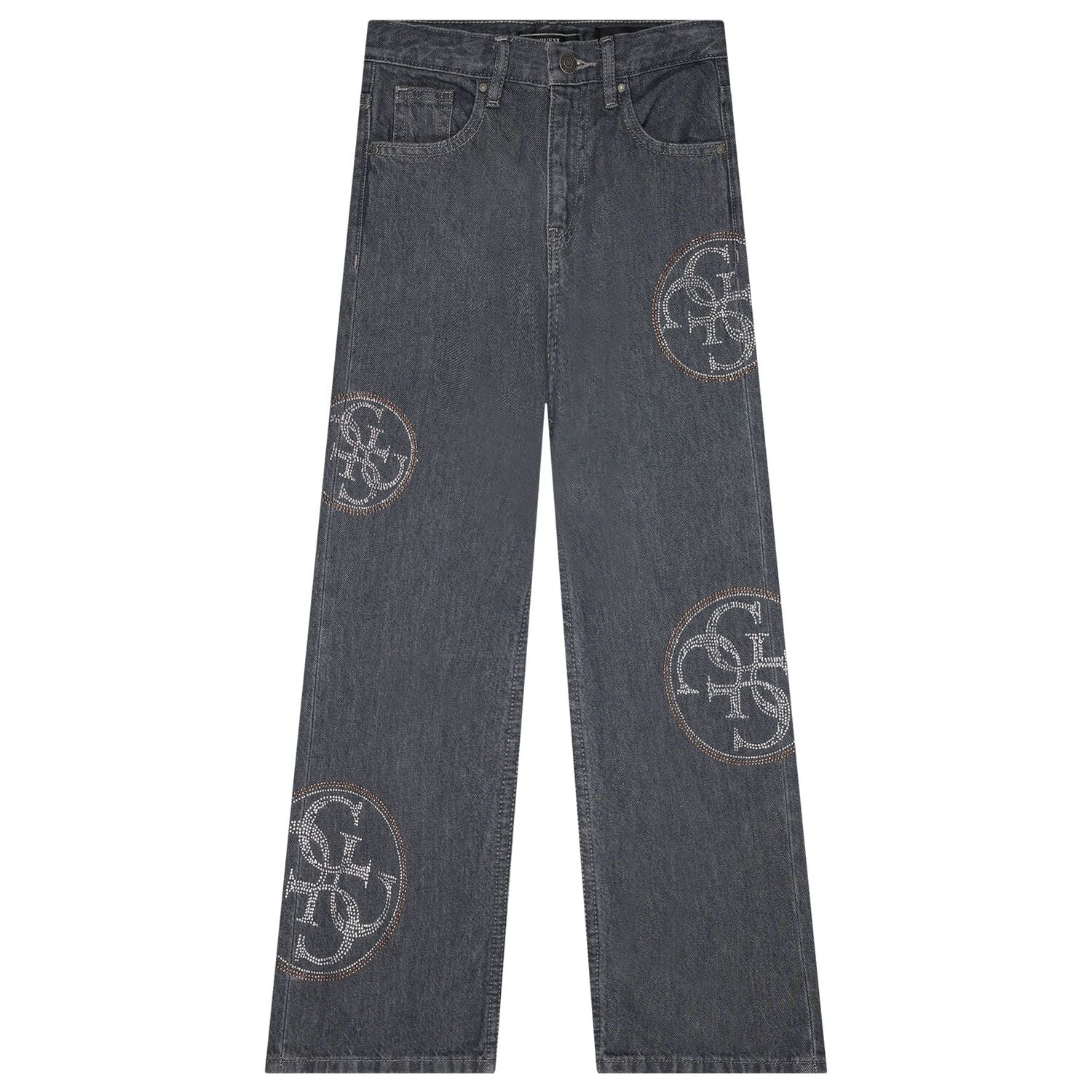 Girls Grey Embellished Logo Jeans, 1, hi-res