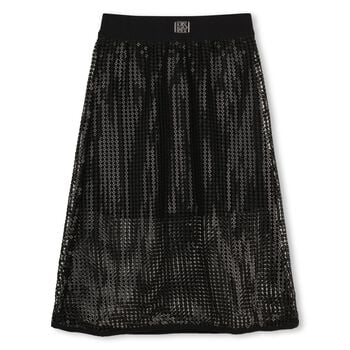 Girls Black Logo Sequin Mesh Midi Skirt