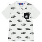 Boys White Sports Car Logo Polo Shirt, 1, hi-res