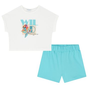 Girls White & Aqua Bird Shorts Set
