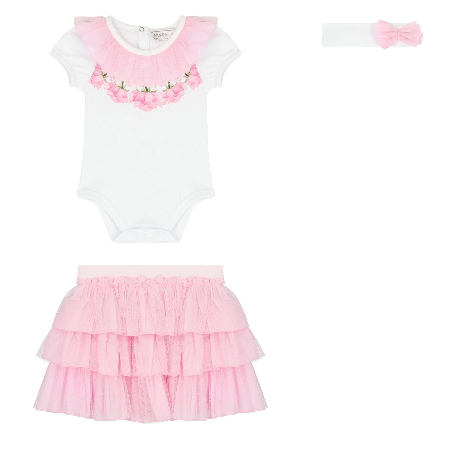 Baby Girls White & Pink Rose Tulle Skirt Set, 1, hi-res