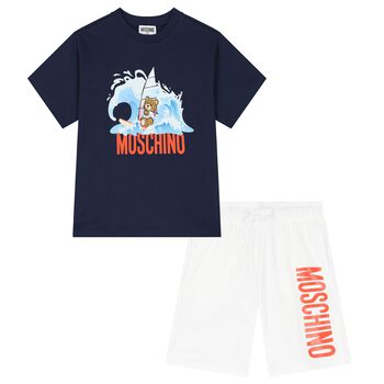 Boys Navy Blue & White Cotton Logo Shorts Set