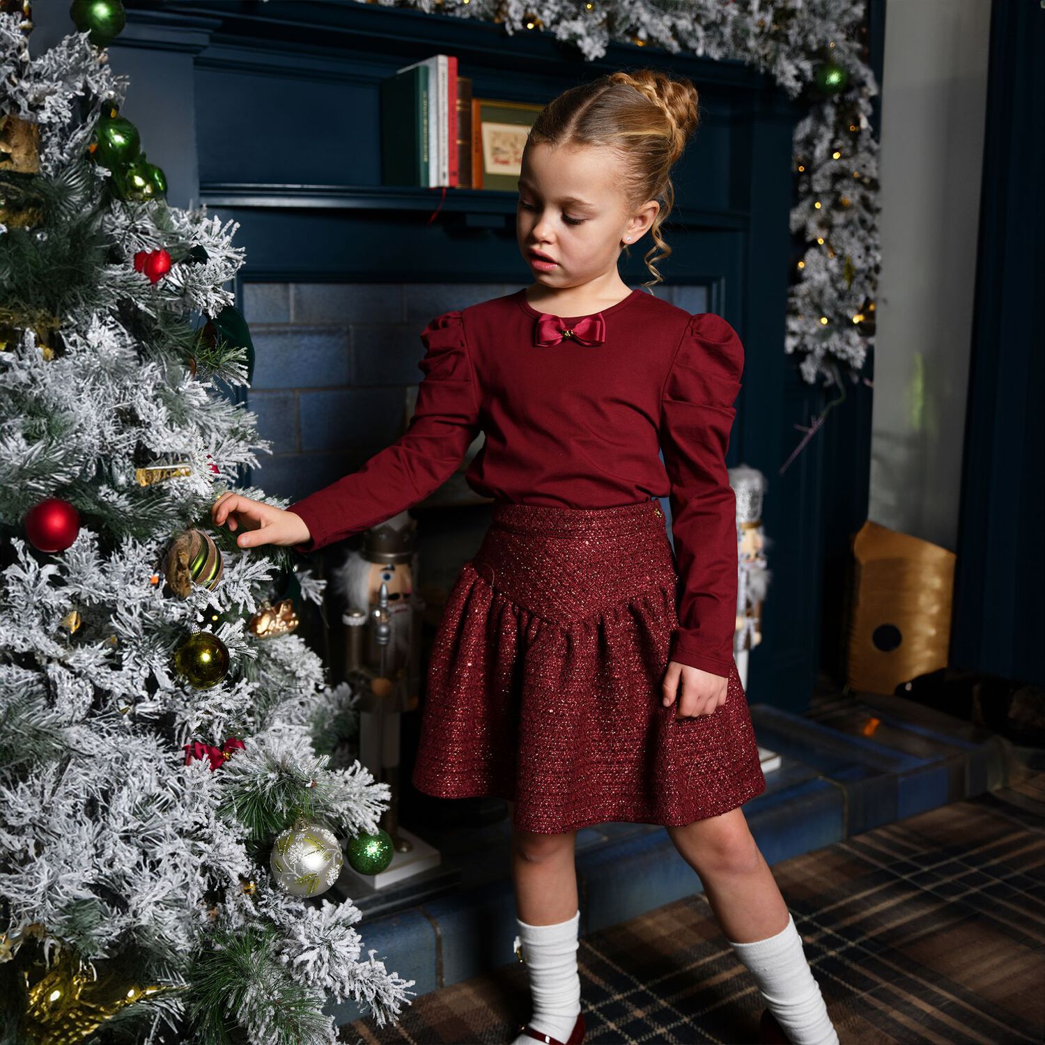 Girls Burgundy & Gold Tweed Frankie Skirt, 1, hi-res