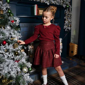 Girls Burgundy & Gold Tweed Frankie Skirt