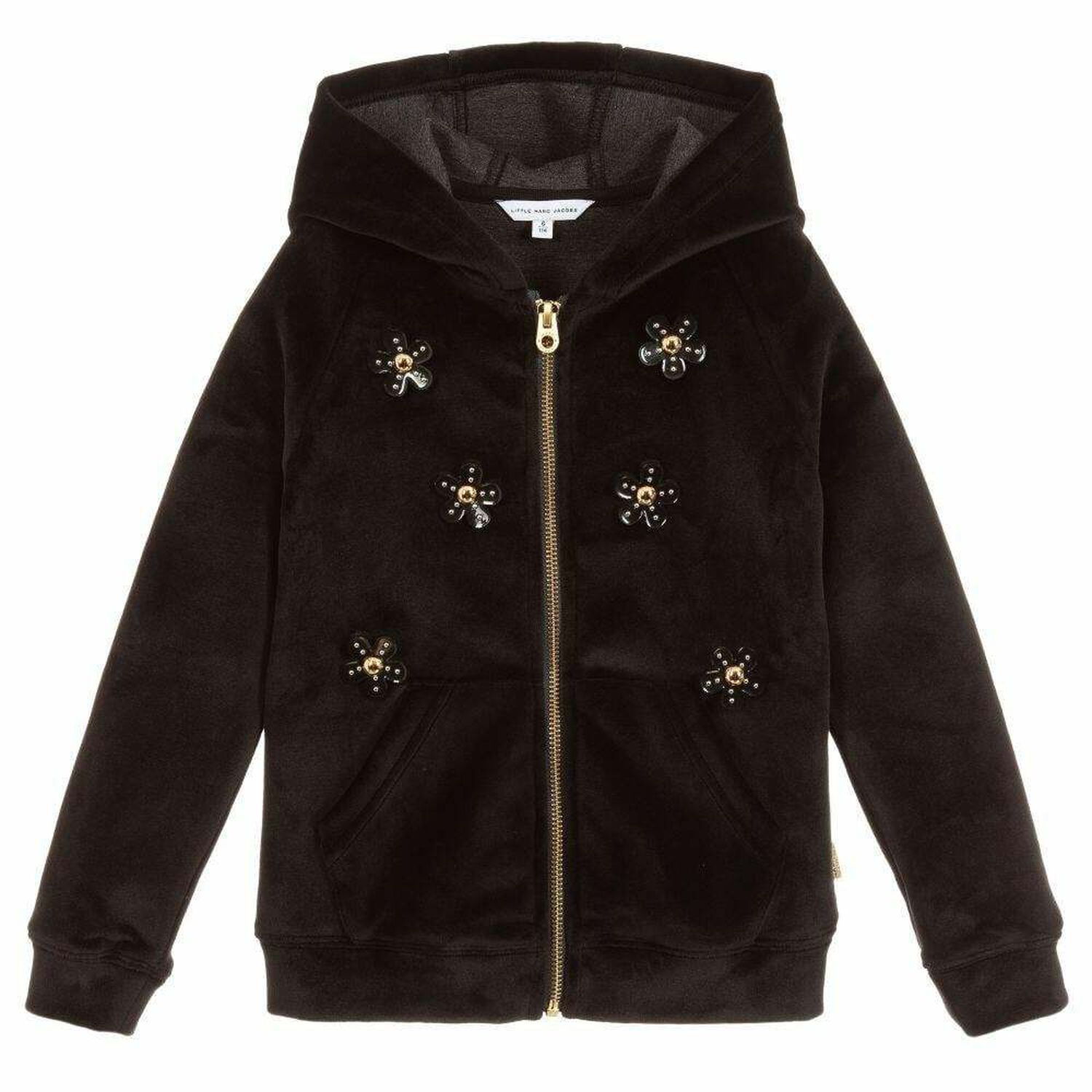 Girls Black Velour Hooded Top, 1, hi-res