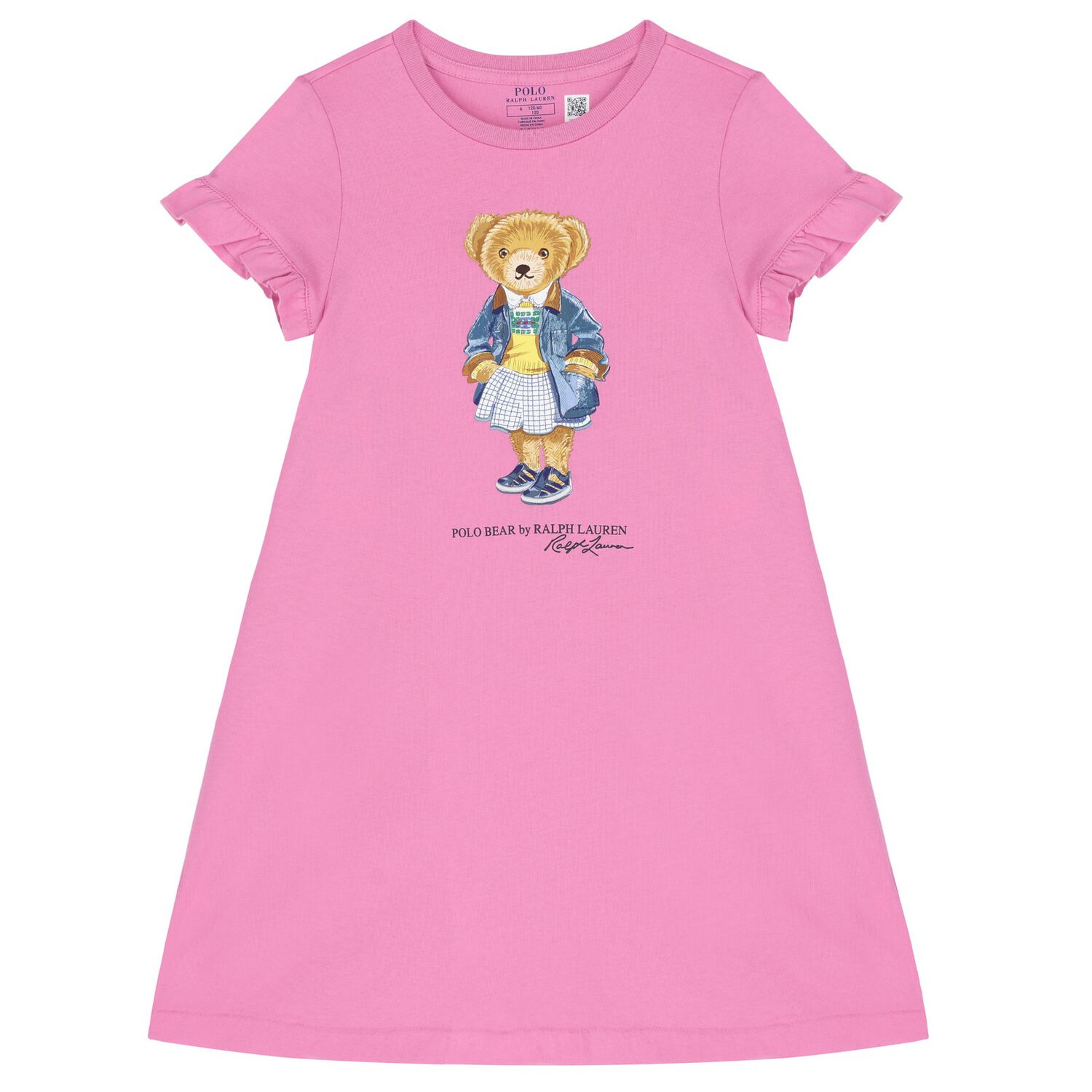 Girls Pink Cotton Polo Bear Dress, 1, hi-res