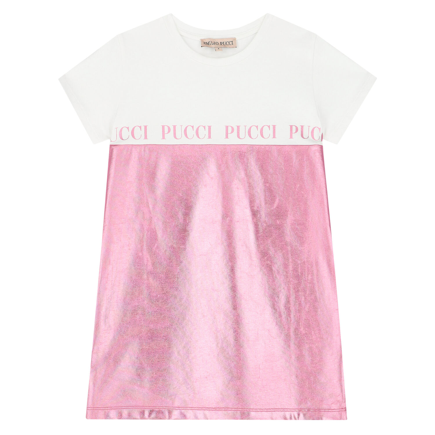 Girls White & Pink Metallic Logo Dress, 1, hi-res